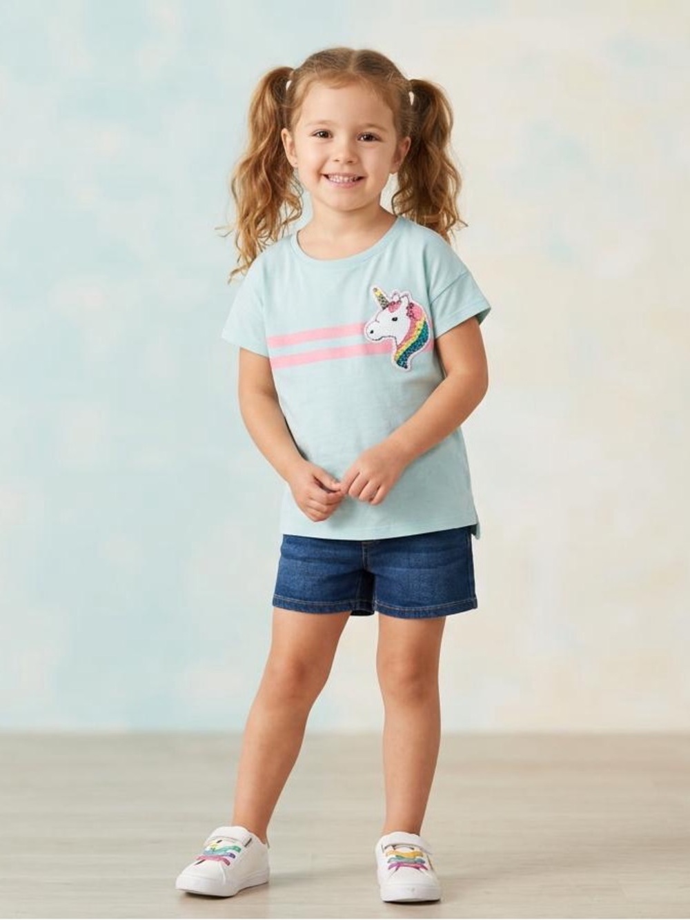 GAP Light Blue Tee with Pink Stripes and Rainbow Unicorn Patch